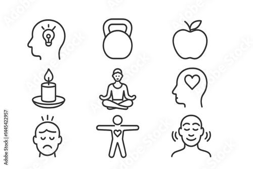 Icons representing mental and physical wellness through mindfulness, fitness, and healthy living activities