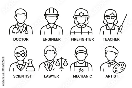 Vector icon representing various professions including doctor, engineer, firefighter, teacher, scientist, lawyer, mechanic, and artist