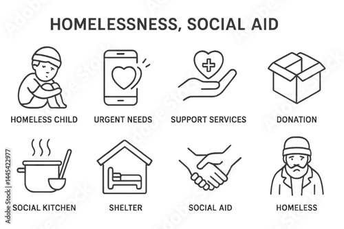 Vector icons representing homelessness, social aid, and support services for those in need