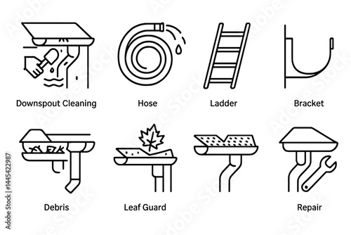 Cleaning and maintaining gutters using tools like a ladder, hose, and brackets for efficient water flow management and debris removal