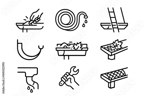Vector icons depicting various tools and tasks related to home maintenance and cleaning activities