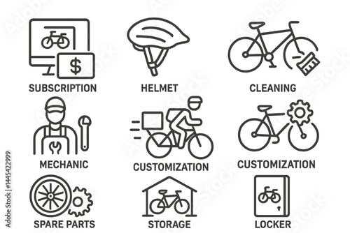 Vector icon collection depicting various aspects of bicycle services and activities for enthusiasts and casual riders