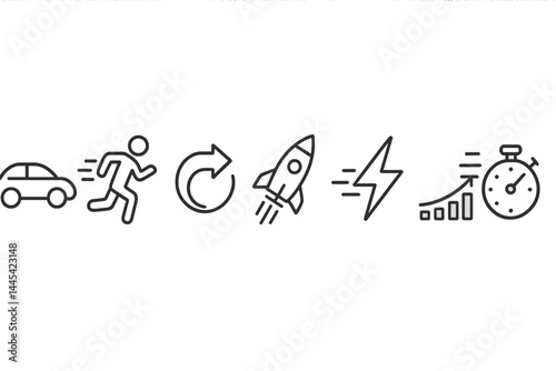 Vector icons representing speed, movement, and progress in various dynamic activities and technologies