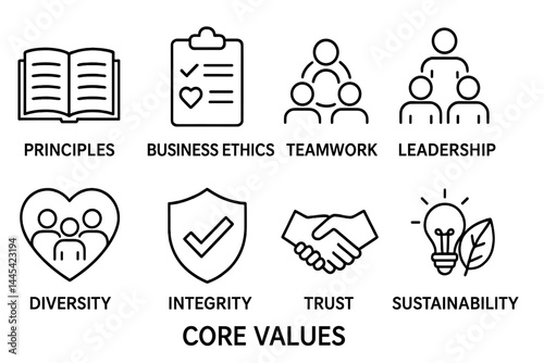 Core values represented through vector icons highlighting principles like leadership, teamwork, and sustainability for organizational guidance