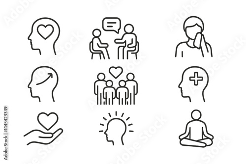 Various vector icons representing mental health concepts, communication, and emotional well-being