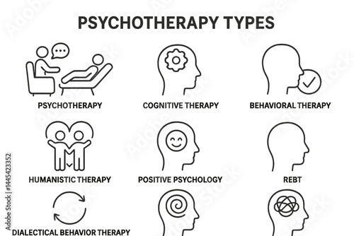 Vector icons representing various types of psychotherapy including cognitive, behavioral, and humanistic approaches