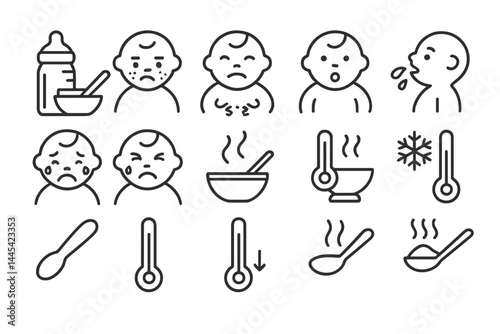 Vector icons depicting various baby-related activities such as feeding, health monitoring, and temperature checking for caregivers and parents