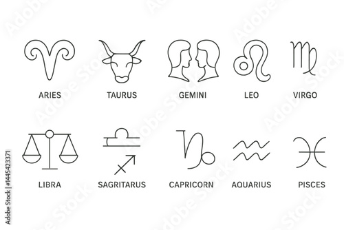 Zodiac signs vector icons in minimalist style featuring symbols for all twelve astrological signs