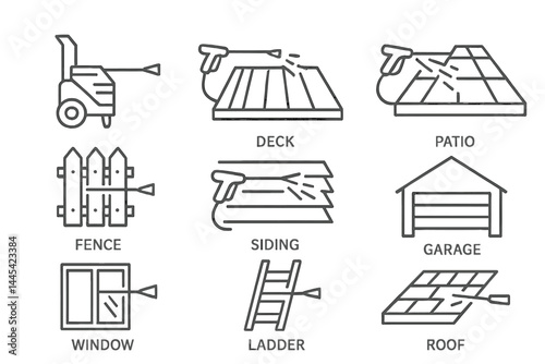 Vector icons illustrating tools and elements for home improvement projects including deck, patio, roof, and siding