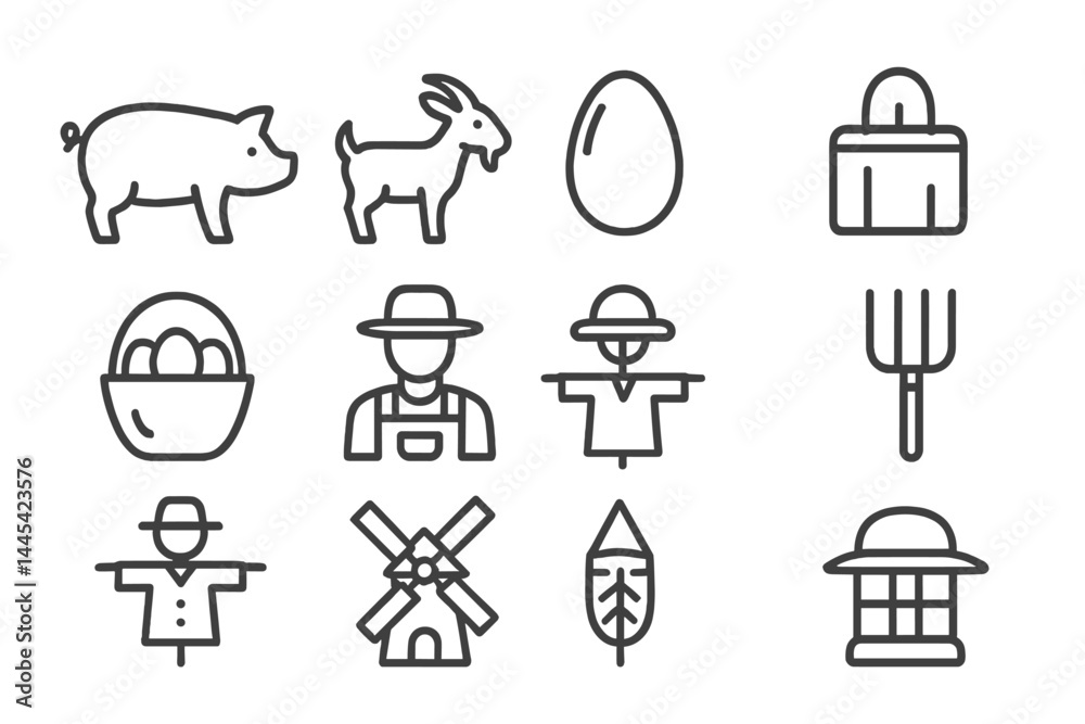 Vector icons depicting farm animals, agricultural tools, and elements of rural life in a simple and clean design
