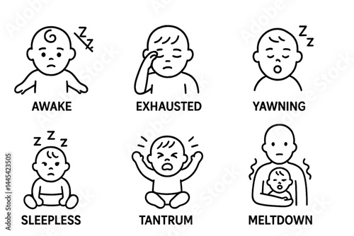 Emotions of Infants Illustrated with Simple Vector Icons Featuring Sleepiness, Tantrums, and Meltdowns