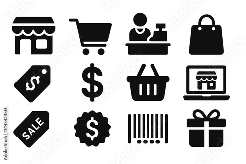 Vector icon set featuring shopping-related elements for ecommerce and retail activities