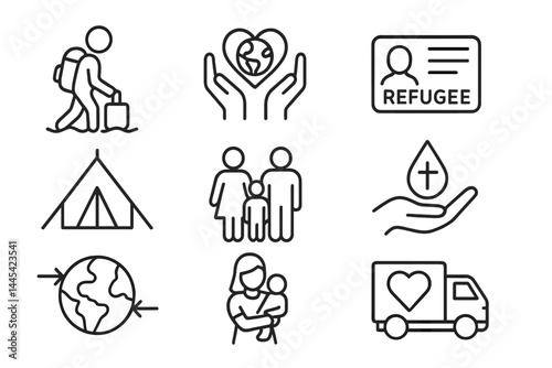 Vector icons depicting themes of travel, support for refugees, family, and community care in a humanitarian context