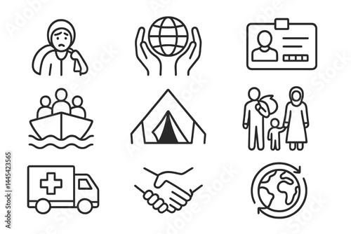 Vector icon set depicting humanitarian themes of support, aid, and global community engagement