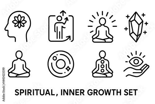Explore spirituality and inner growth with this vector icon set featuring meditation, crystals, and mindfulness themes