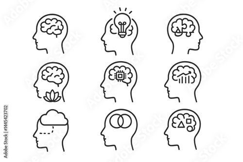 Creative mind icons illustrating different aspects of thinking, innovation, and mental processes in a minimalistic design