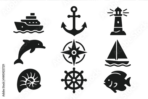 Nautical vector icons depicting maritime elements like ships, anchors, and marine life in a simple design