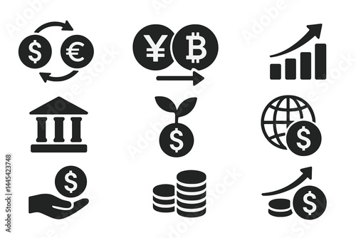 Financial vector icons representing currency exchange, economic growth, and investment concepts in a modern design