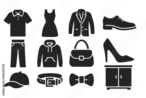Vector icon set showcasing various clothing items and accessories for diverse fashion needs in a minimalistic style