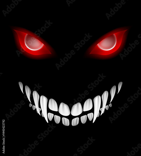 sinister face outlined with a wide toothy grin and piercing red eyes on a black background, evoking an eerie and menacing feeling vector illustration