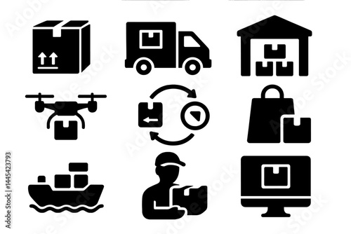 Vector icons representing logistics, delivery, and shipping activities in various modes and methods for efficient package management