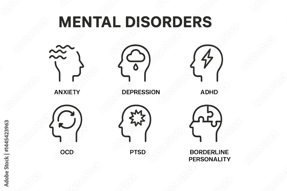 Understanding various mental disorders through simple vector icons representing common conditions like anxiety, depression, and ADHD Understanding various mental disorders through simple vector icons representing common conditions like anxiety, depression, and ADHD