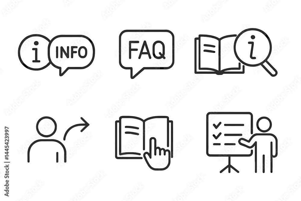 Collection of vector icons representing information, FAQ, and learning in a clear and simple design Collection of vector icons representing information, FAQ, and learning in a clear and simple design