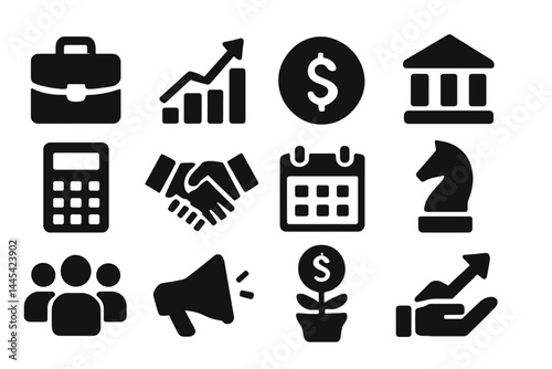 Vector icons representing various business and finance concepts in a simple black and white design for easy understanding