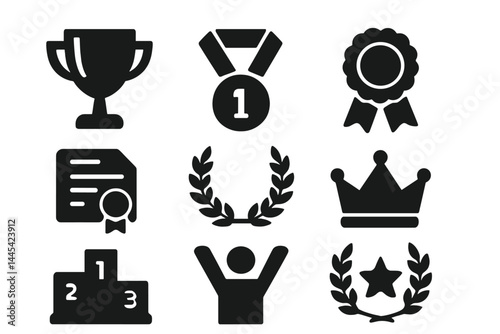 Vector icon set featuring awards, trophies, and medals symbolizing achievement and recognition in various categories