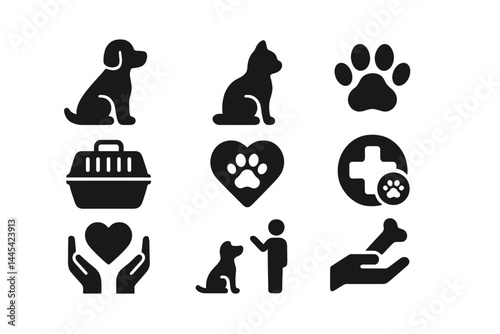 This vector icon set features illustrations of pets like dogs and cats, symbols of pet care, and elements representing love for animals