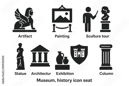 Vector icon collection representing various museum elements and historical artifacts suitable for educational or cultural purposes