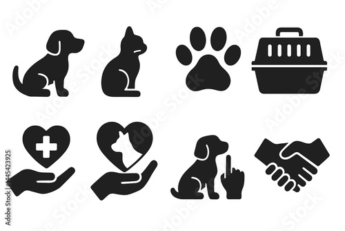 Vector icons representing various aspects of pet care, including animals, pet supplies, and health services