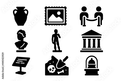 Museum icons representing artwork, artifacts, and historical exploration in a cultural setting