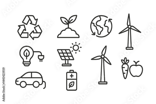 Vector icon collection depicting sustainability themes such as renewable energy, eco-friendly practices, and environmental awareness