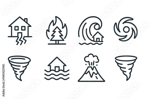 Vector icons depicting various natural disasters including earthquakes, wildfires, floods, hurricanes, tornadoes, and volcanic eruptions
