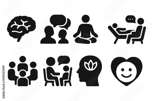 Vector icon set representing mental health concepts, communication strategies, and emotional well-being in various settings