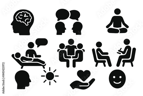 Vector icons illustrating mental health activities, conversations, and therapy practices in a supportive environment