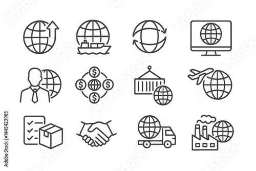 Vector icons representing global trade, shipping, logistics, and business activities showcasing various international commerce elements