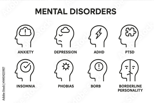 Explore mental disorders like anxiety, depression, ADHD, PTSD, insomnia, phobias, BORB, and borderline personality with vector icons