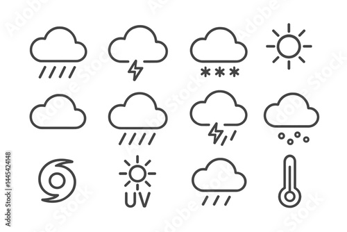 Weather vector icons illustrating various weather conditions including sun, rain, and storms in a clear design style