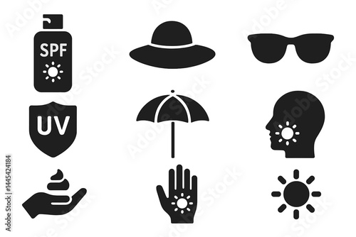 Sun protection vector icons including sunscreen, hat, sunglasses, and umbrella designed for promoting outdoor safety and health