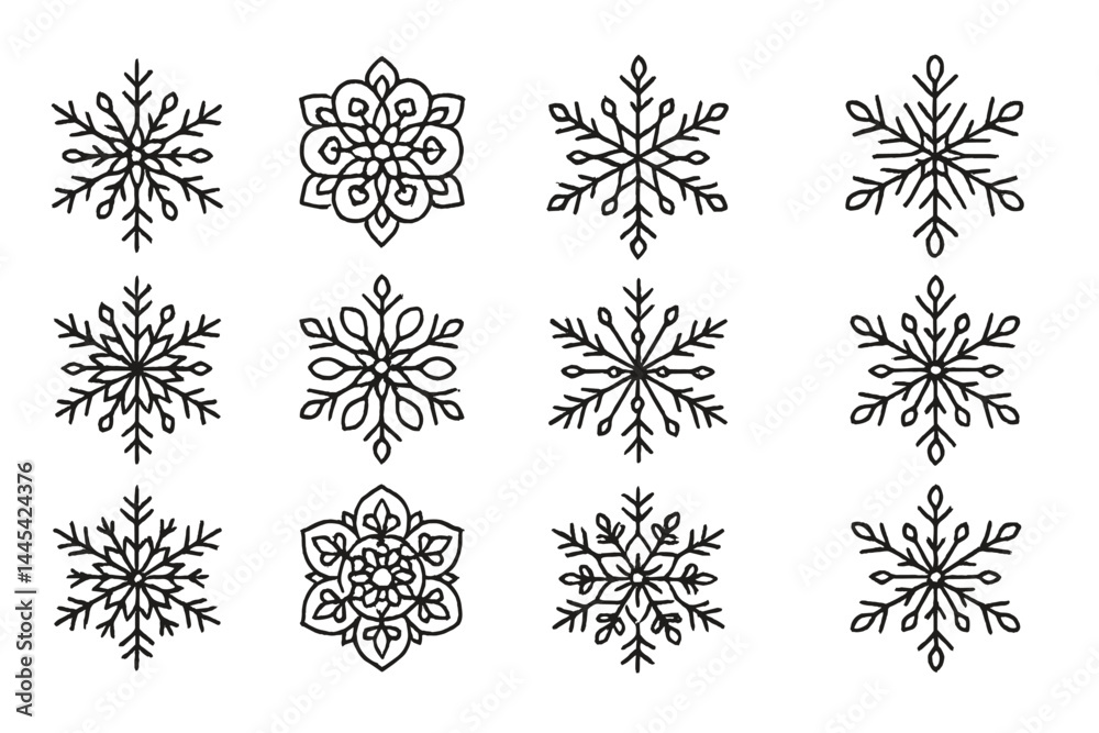 Unique vector icon collection of decorative snowflakes with intricate designs for seasonal themes Unique vector icon collection of decorative snowflakes with intricate designs for seasonal themes