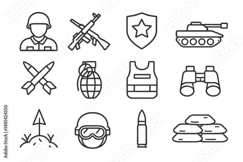 Military themed vector icons depicting various elements of armed forces and combat equipment in a cohesive design style