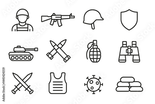 Military equipment and personnel icons representing defense and warfare concepts in a simple vector style