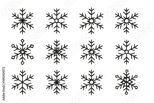 Decorative vector icons of snowflakes in various designs for winter themes and seasonal decorations