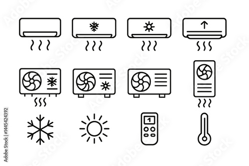 Detailed vector icons depicting various air conditioning units and temperature symbols for HVAC applications