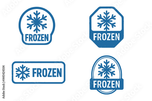 Various frozen product vector icons depicting snowflakes in blue with clear labels showcasing the frozen status of items