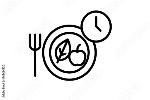 Vector icon depicting a plate with healthy food, a clock, and utensils representing meal planning and timing