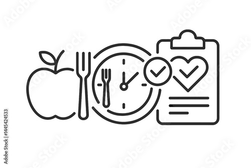 Vector icon illustrating health, nutrition, and meal planning concepts with a clock, apple, utensils, and checklist