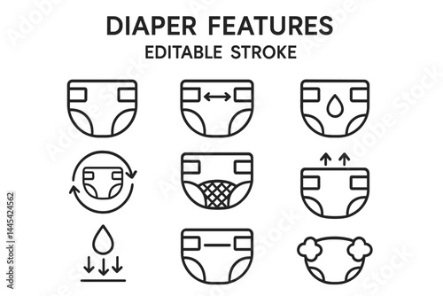 Detailed vector icon set illustrating various diaper features for educational and design purposes